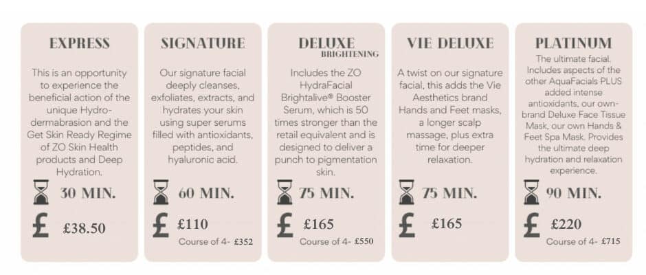 Vie Aquafacial Prices facial rayleigh essex holborn london