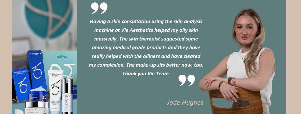 Banner with client testimonial for Oily Skin Care Tips by Vie Aesthetics